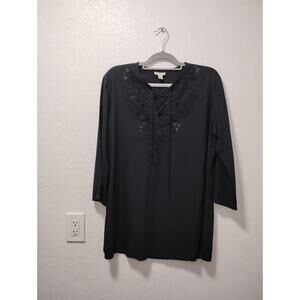Ku De Tá Womens Tunic Black Sequin And Beaded Large Túnic Blouse 3/4 Sleeve